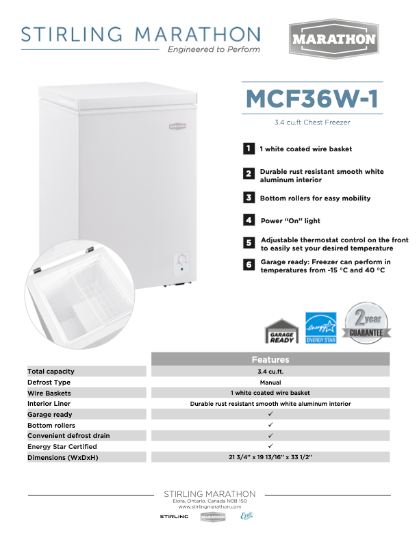 CONGÉLATEUR COFFRE Marathon - MCF36W-1