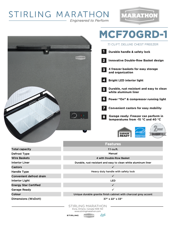 CONGÉLATEUR COFFRE EN GRANIT Marathon - MCF70GRD-1