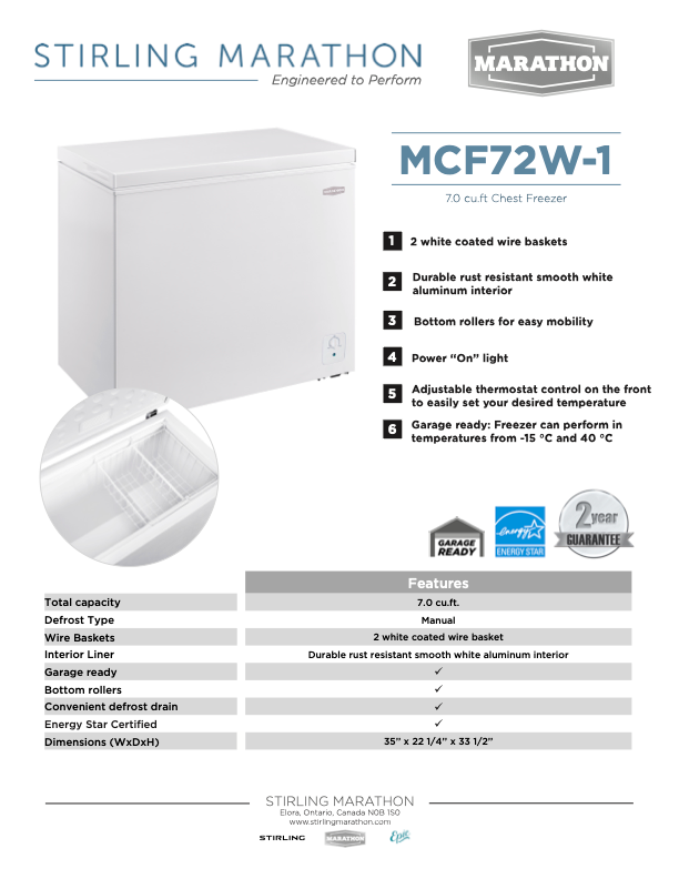 CONGÉLATEUR COFFRE Marathon - MCF72W-1