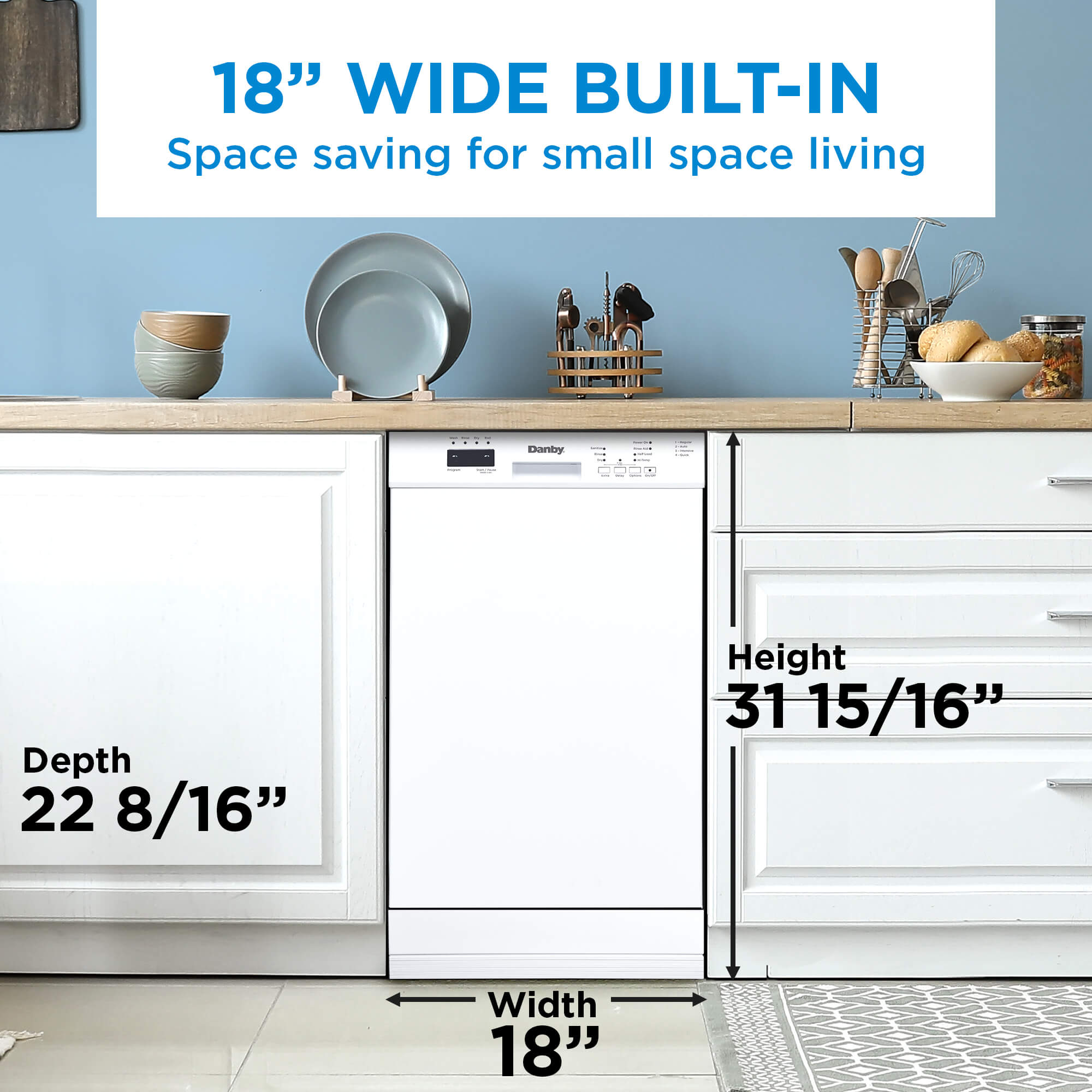 Danby 18″ Wide Built-in Dishwasher in White - DDW18D1EW