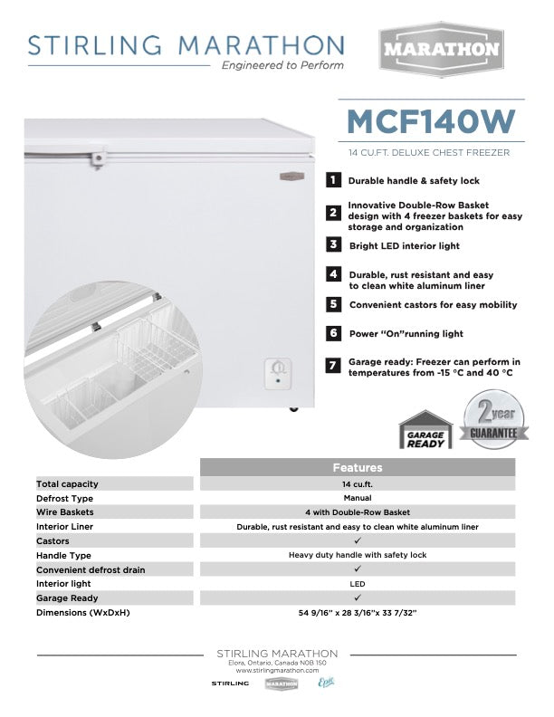 Marathon DELUXE 14 CU.FT. CHEST FREEZER - MCF140W